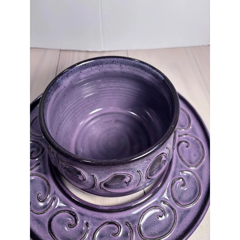 Bostwick 2016 Studio Pottery Purple Swirl 3-Piece Chip Dip Set Artisan Ceramic